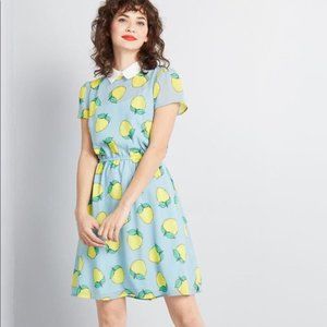 ModCloth Blue Yellow Lemon A-Line Dress L